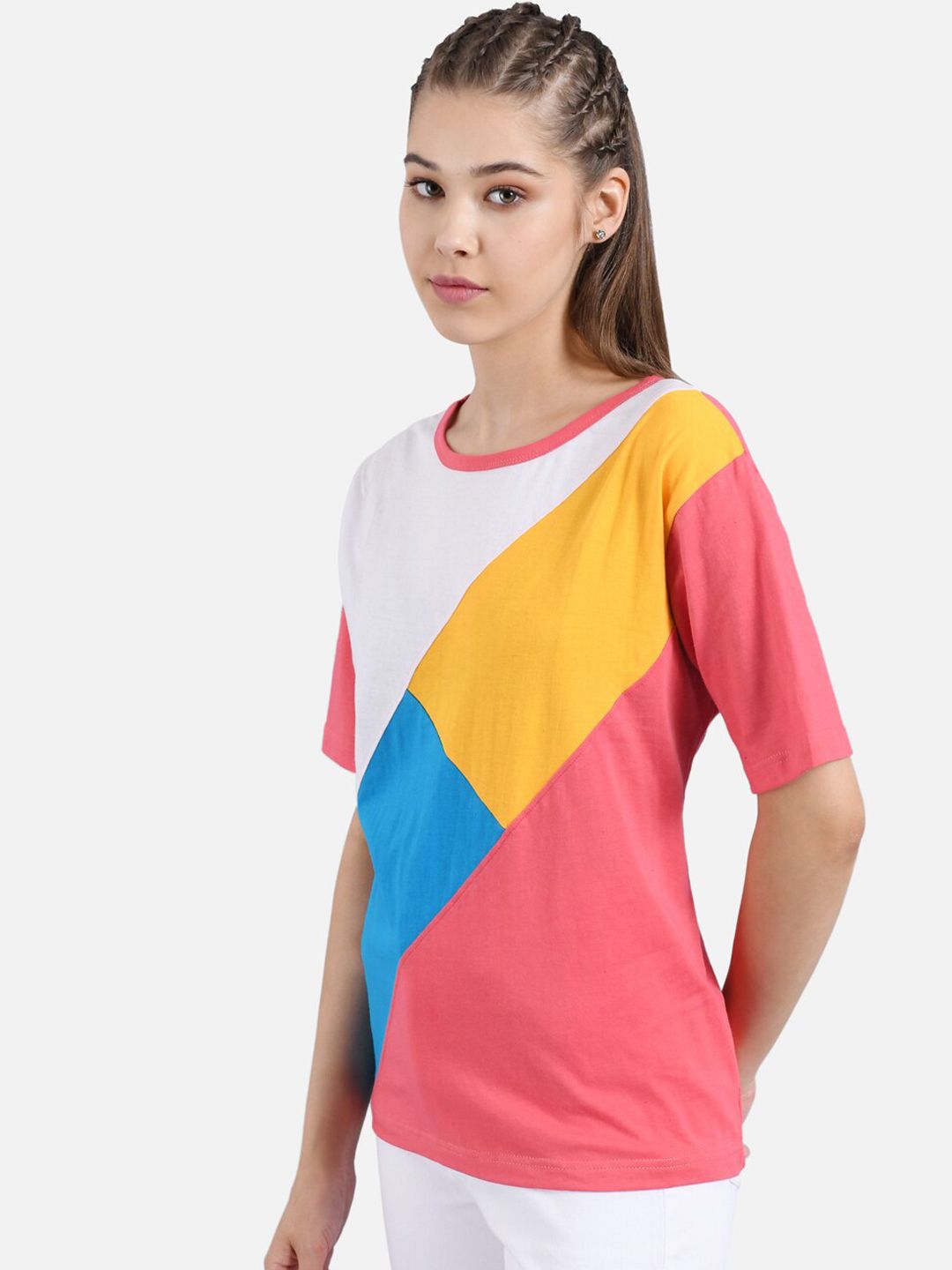 Kotty Women White & Pink Colourblocked Round Neck T-shirt