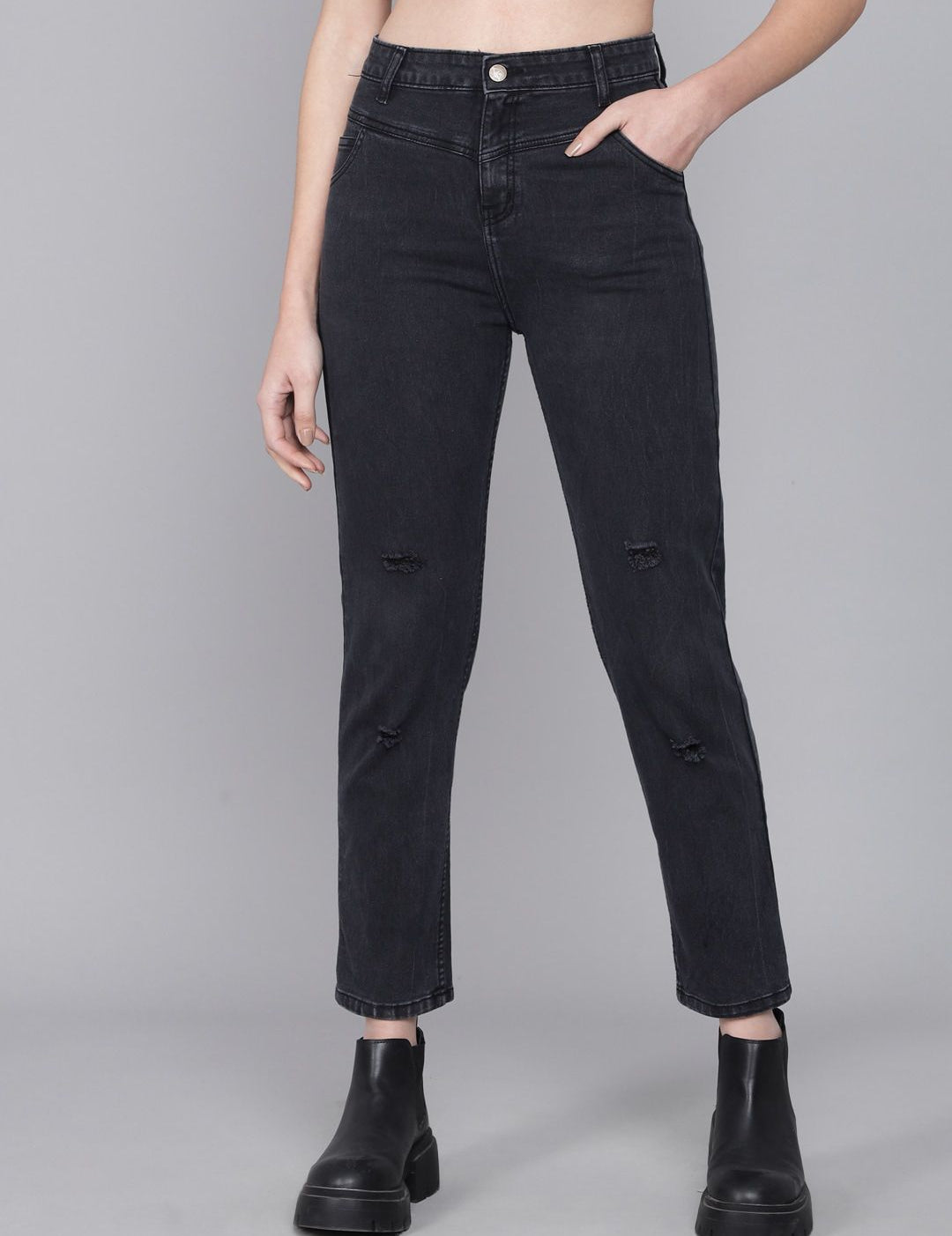 Kotty Women Black Skinny Fit High-Rise Mildly Distressed Jeans