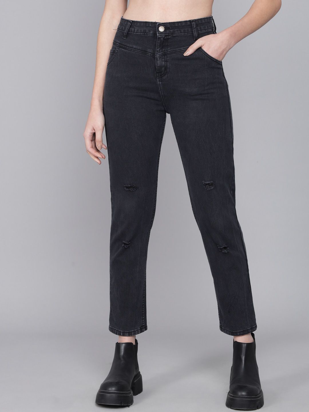 Kotty Women Black Skinny Fit High-Rise Mildly Distressed Jeans