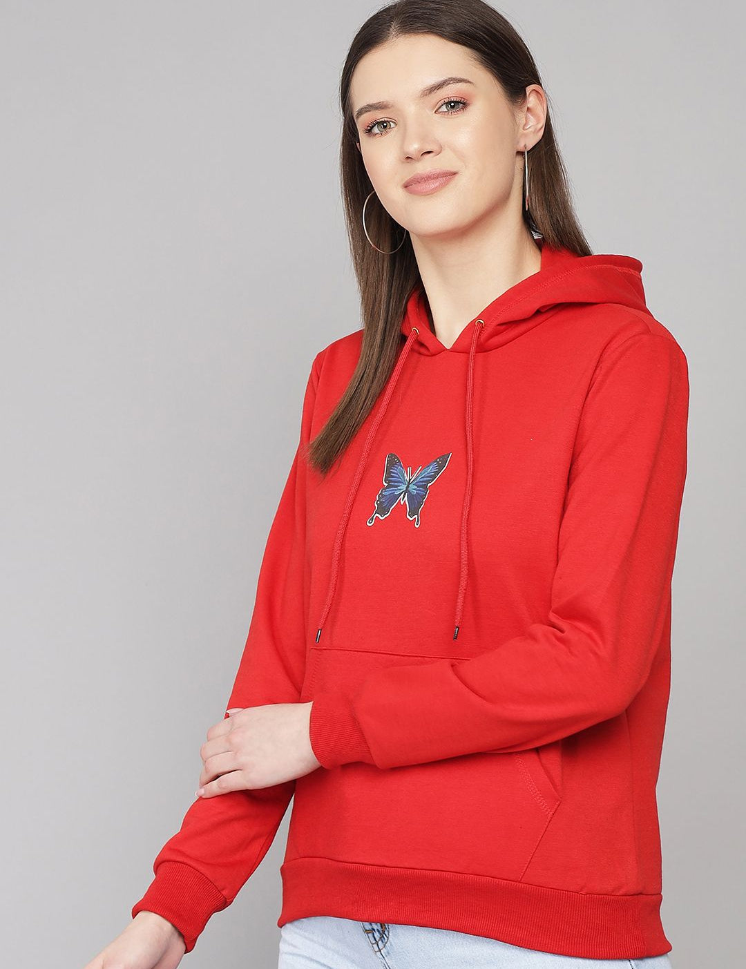 Kotty Women Red Printed Hooded Fleece Sweatshirt