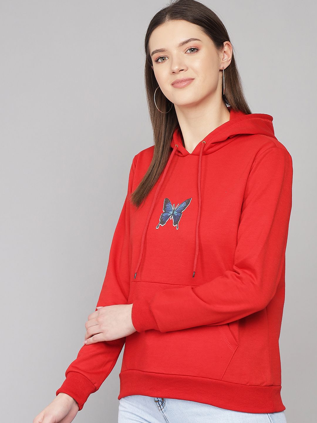 Kotty Women Red Printed Hooded Fleece Sweatshirt
