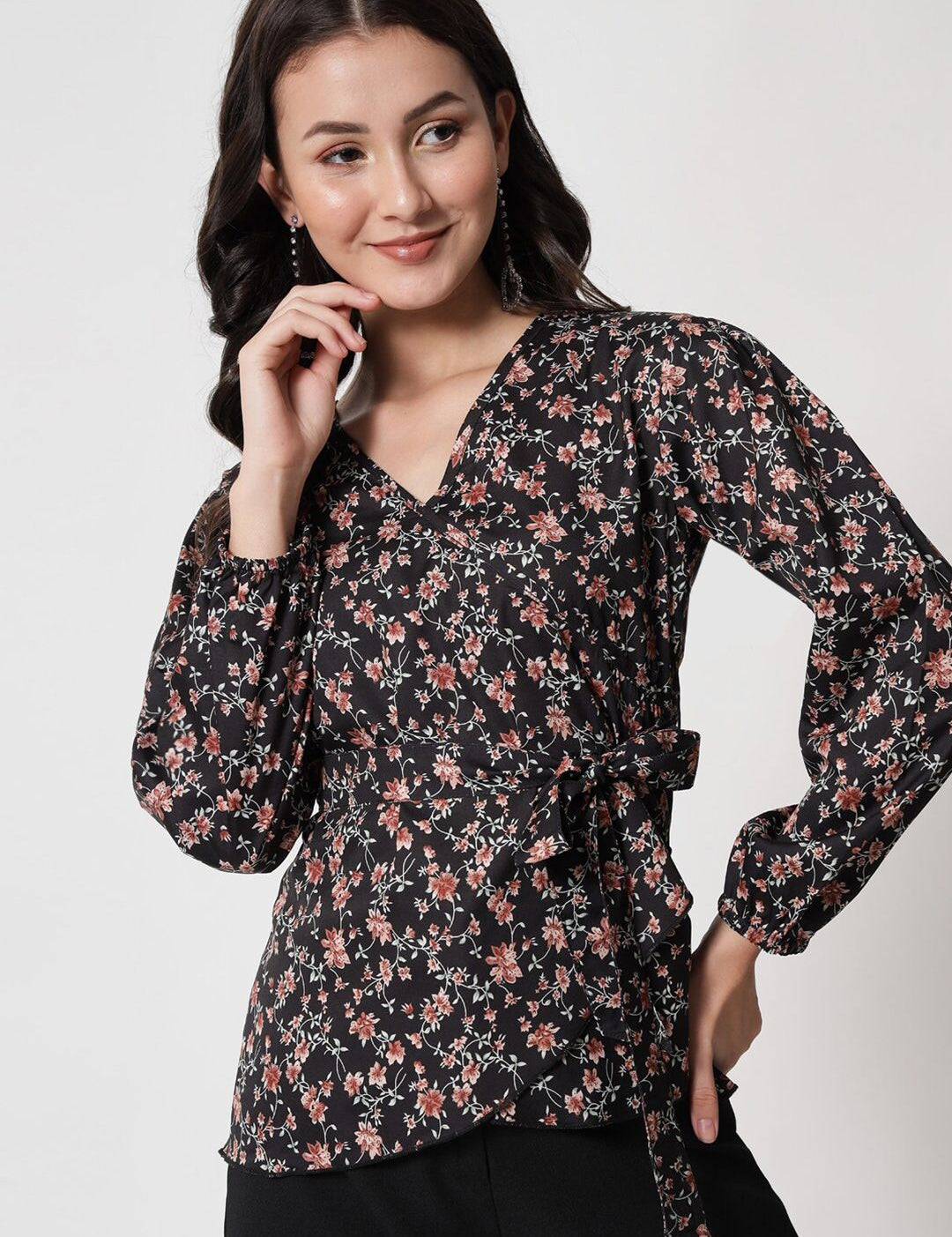 Kotty Floral Printed Puff Sleeves Wrap Top