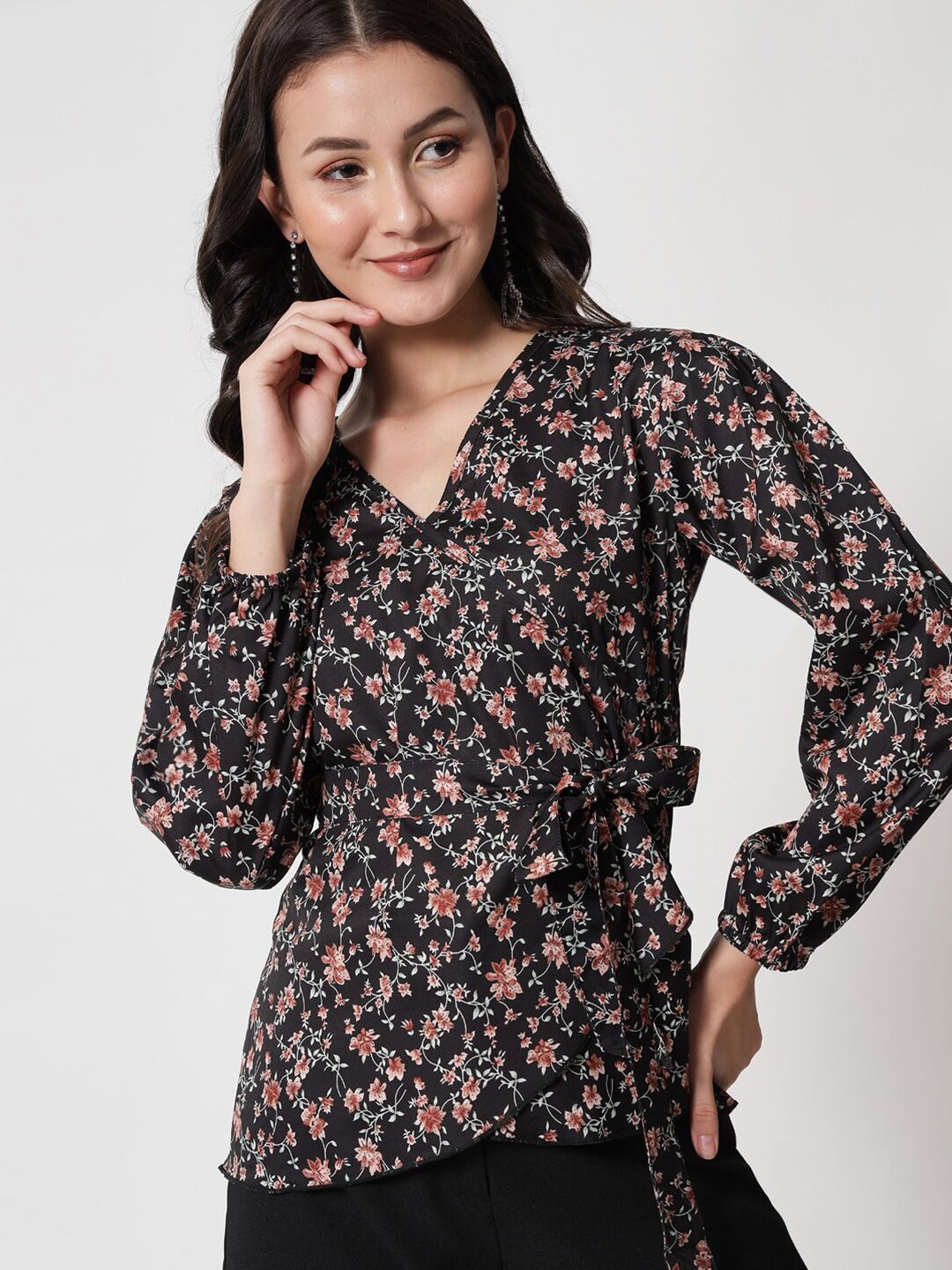 Kotty Floral Printed Puff Sleeves Wrap Top