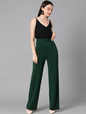 KOTTY BIZwear Women Green Relaxed Straight Leg Easy Wash Parallel Trousers Comes With Belt