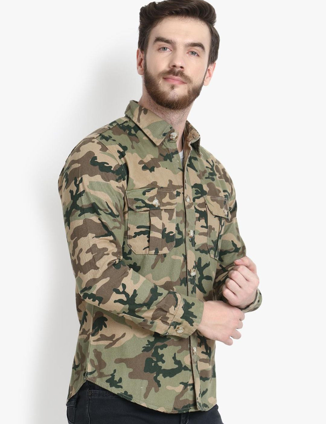 Kotty Men Olive Green Regular Fit Printed Casual Shirt