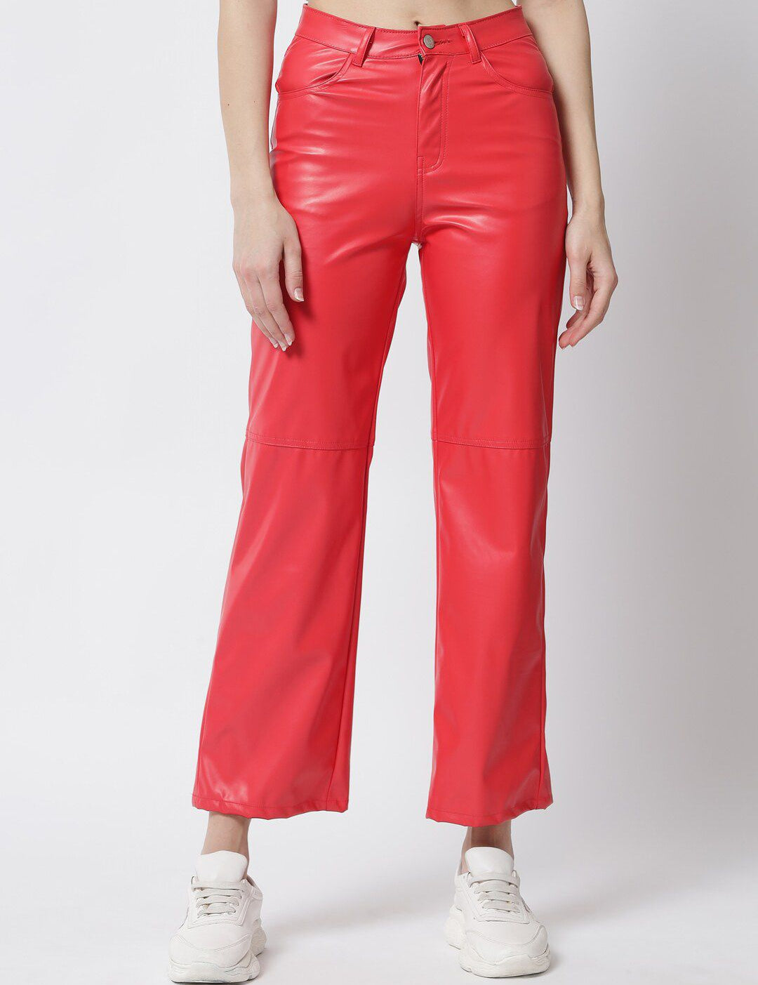 Kotty Women Red Relaxed Straight Fit Faux Leather Trousers