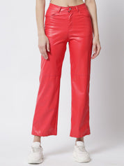 Kotty Women Red Relaxed Straight Fit Faux Leather Trousers