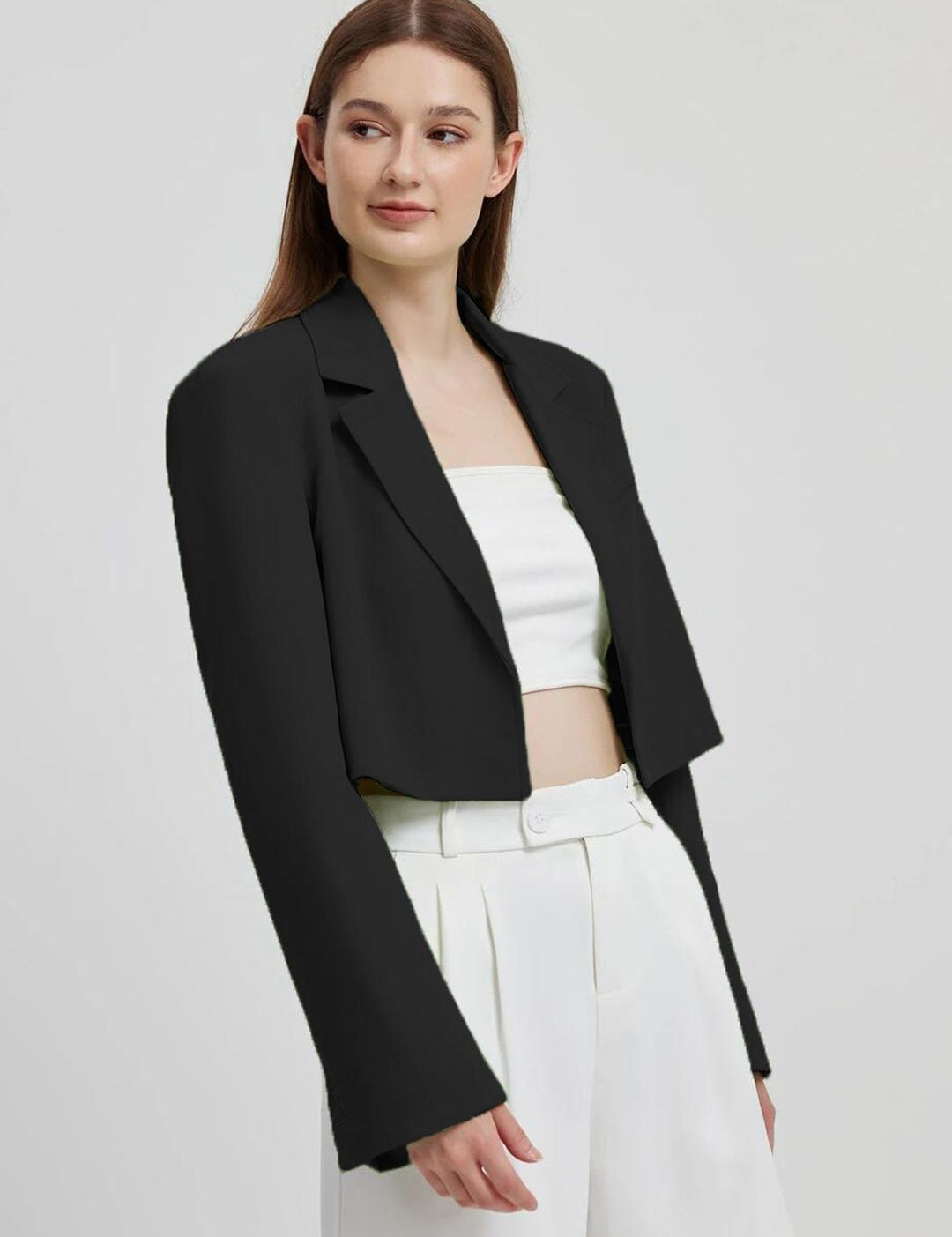 Kotty Black Crop Notched Lapel Collar Regular Fit Blazer