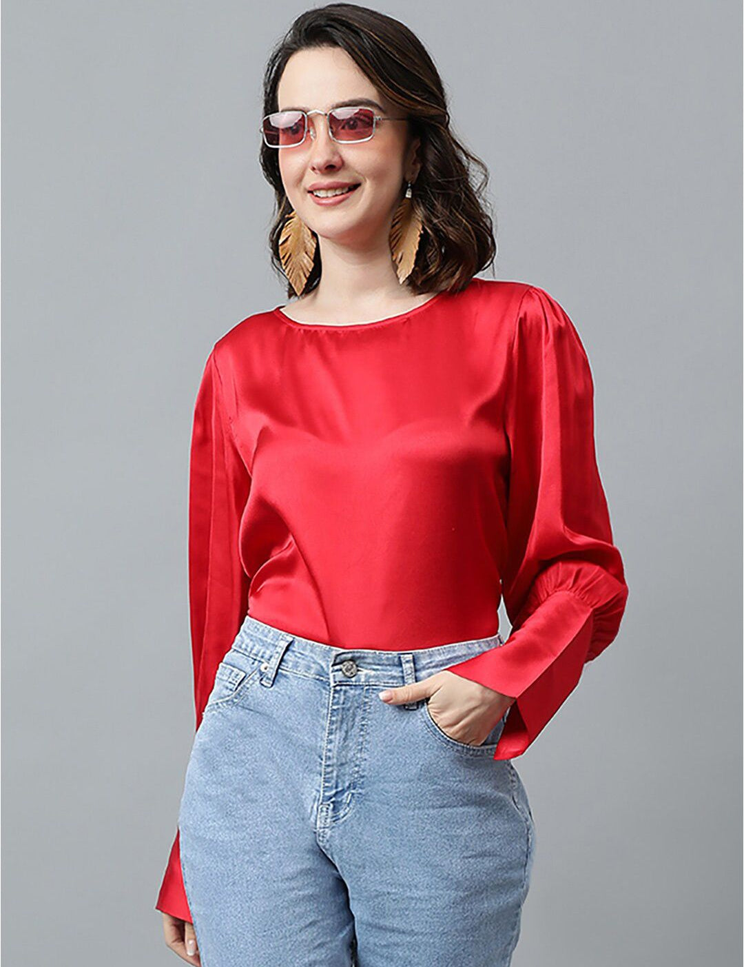 Kotty Red Cuffed Sleeves Satin Top