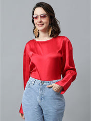 Kotty Red Cuffed Sleeves Satin Top