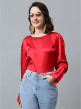 Kotty Red Cuffed Sleeves Satin Top