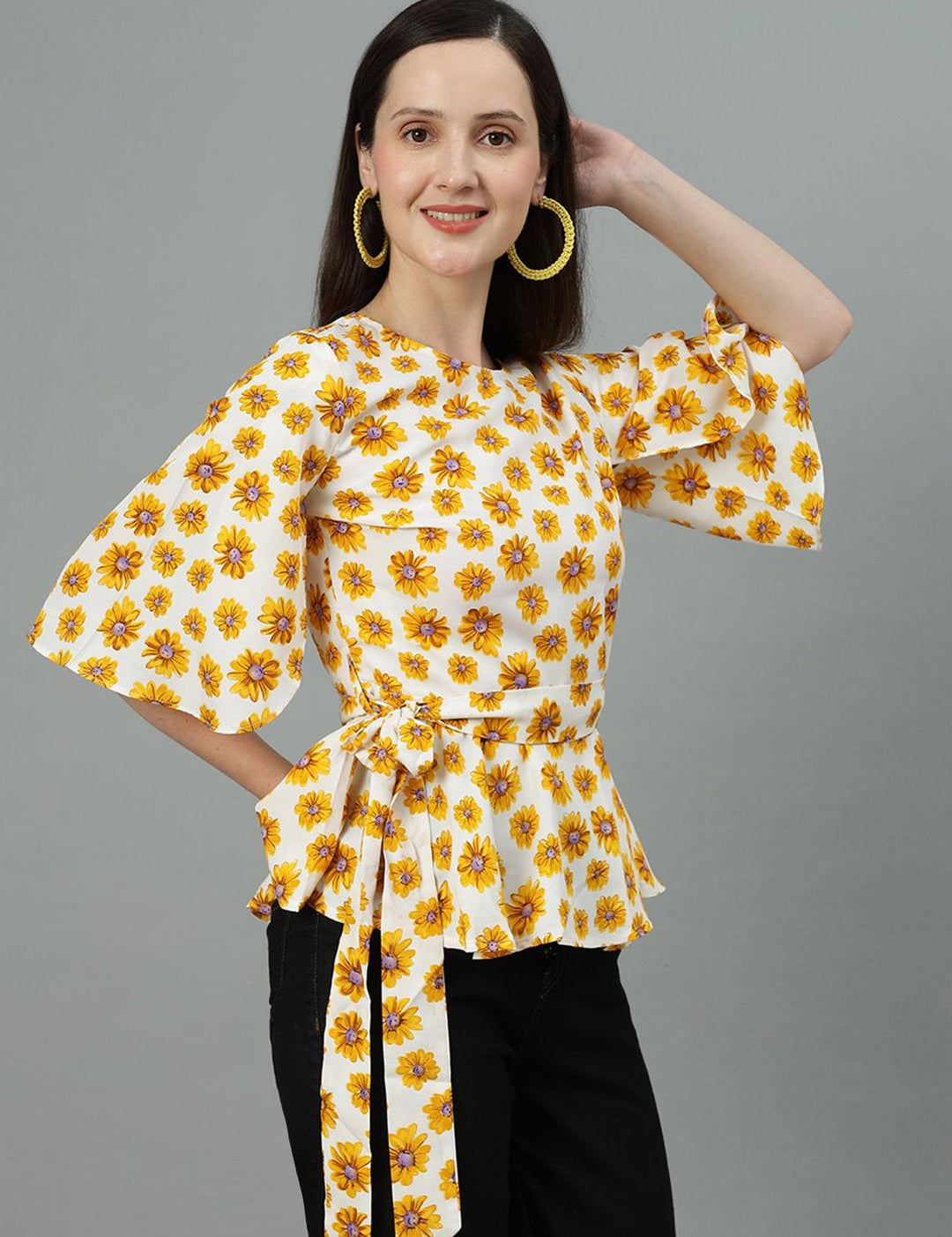 Kotty Floral Printed Round Neck Crepe Cinched Waist Top
