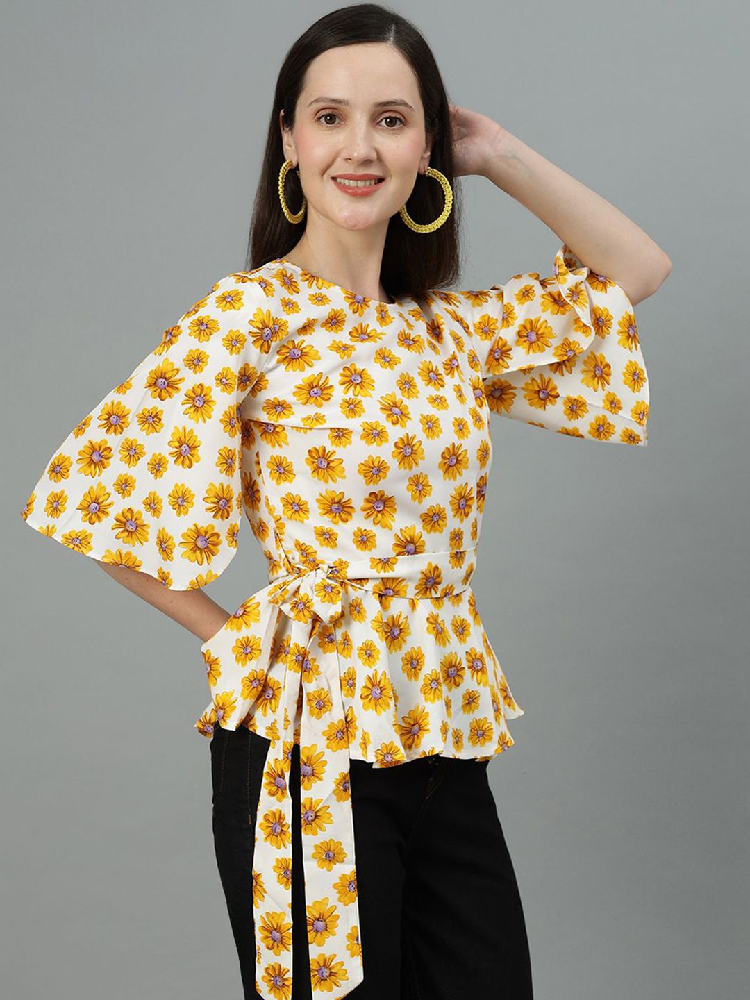 Kotty Floral Printed Round Neck Crepe Cinched Waist Top