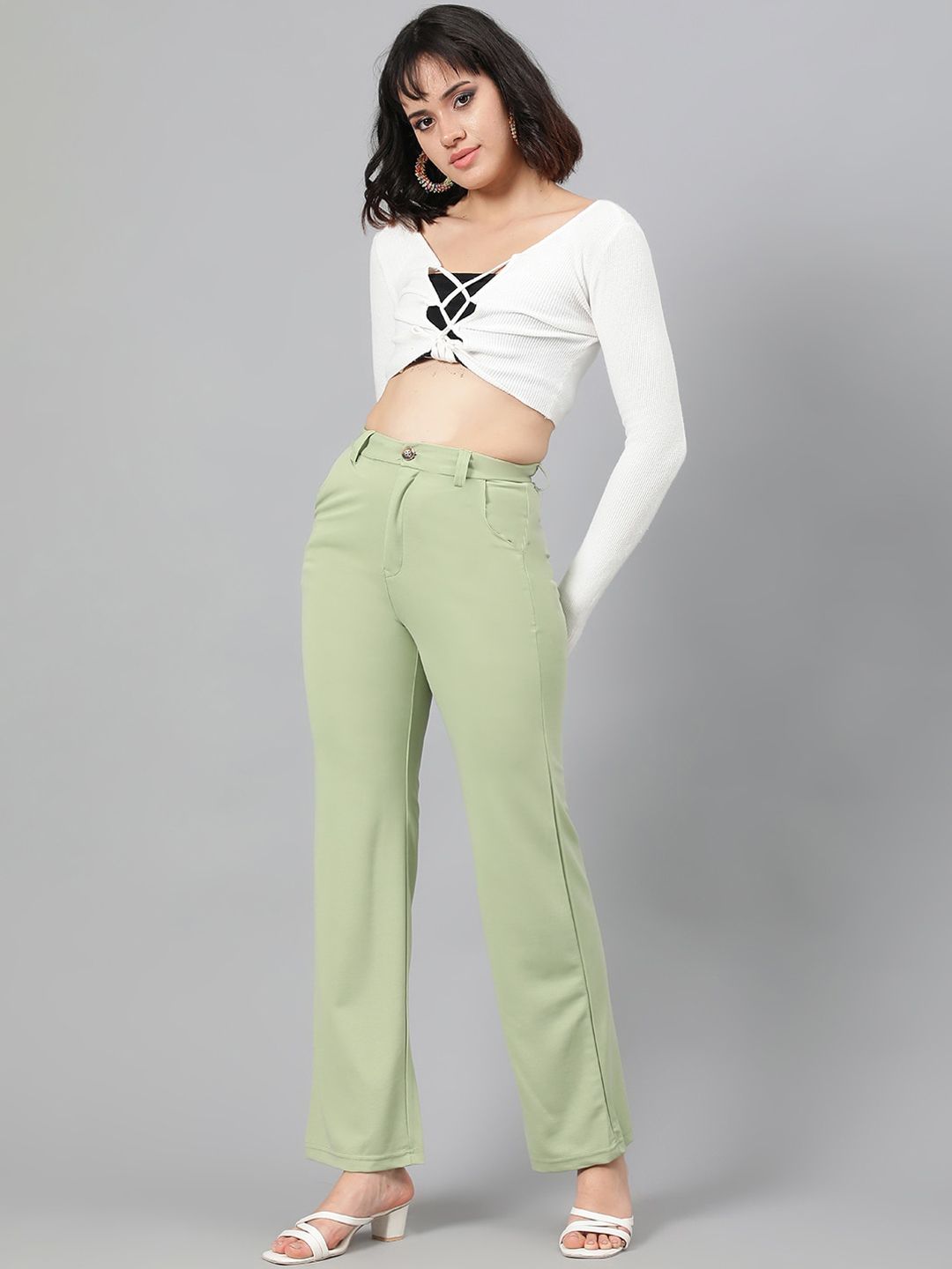 KOTTY BIZwear Women Green High-Rise Relaxed Straight Leg Straight Fit Easy Wash Trousers
