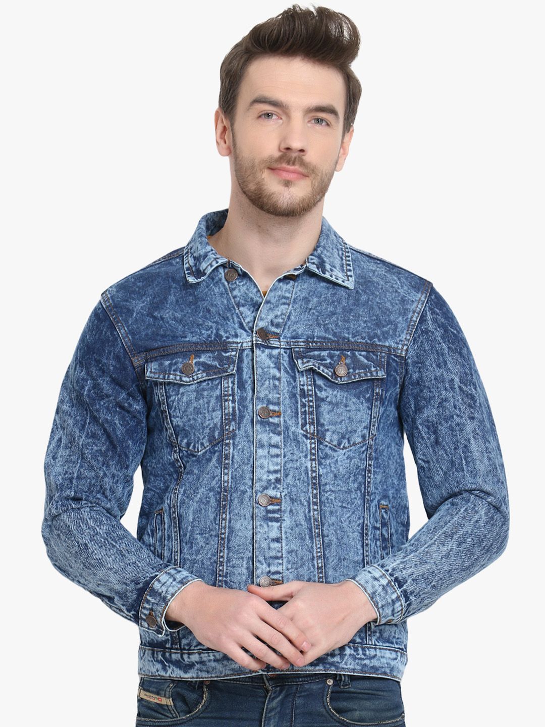 Kotty Men Blue Solid Denim Jacket