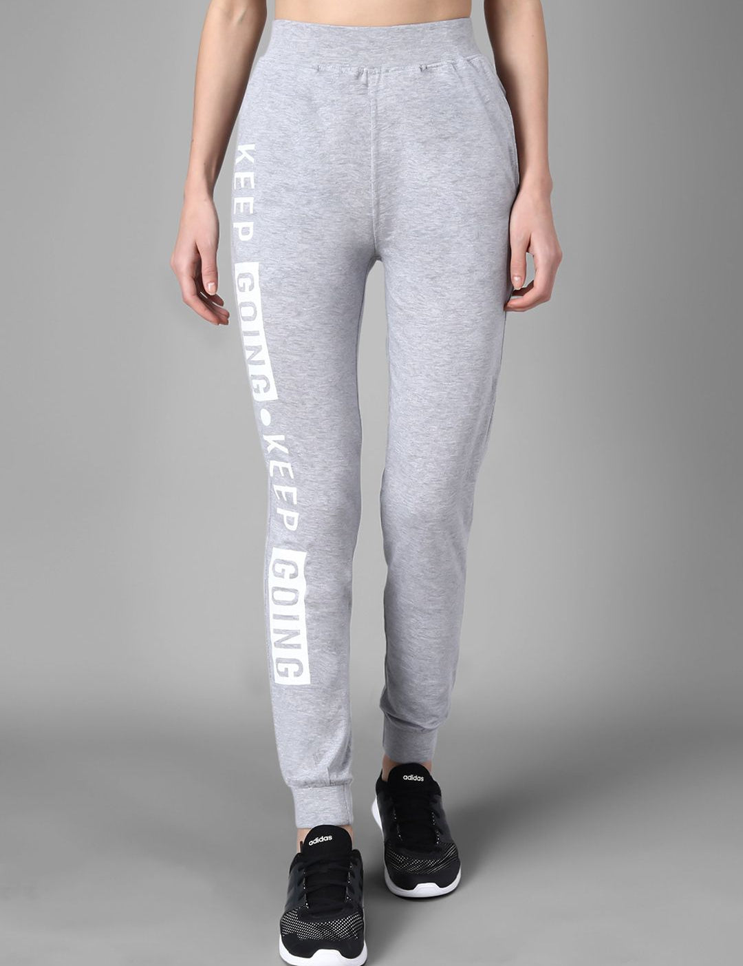 Kotty Women Grey Melange & White Printed Joggers