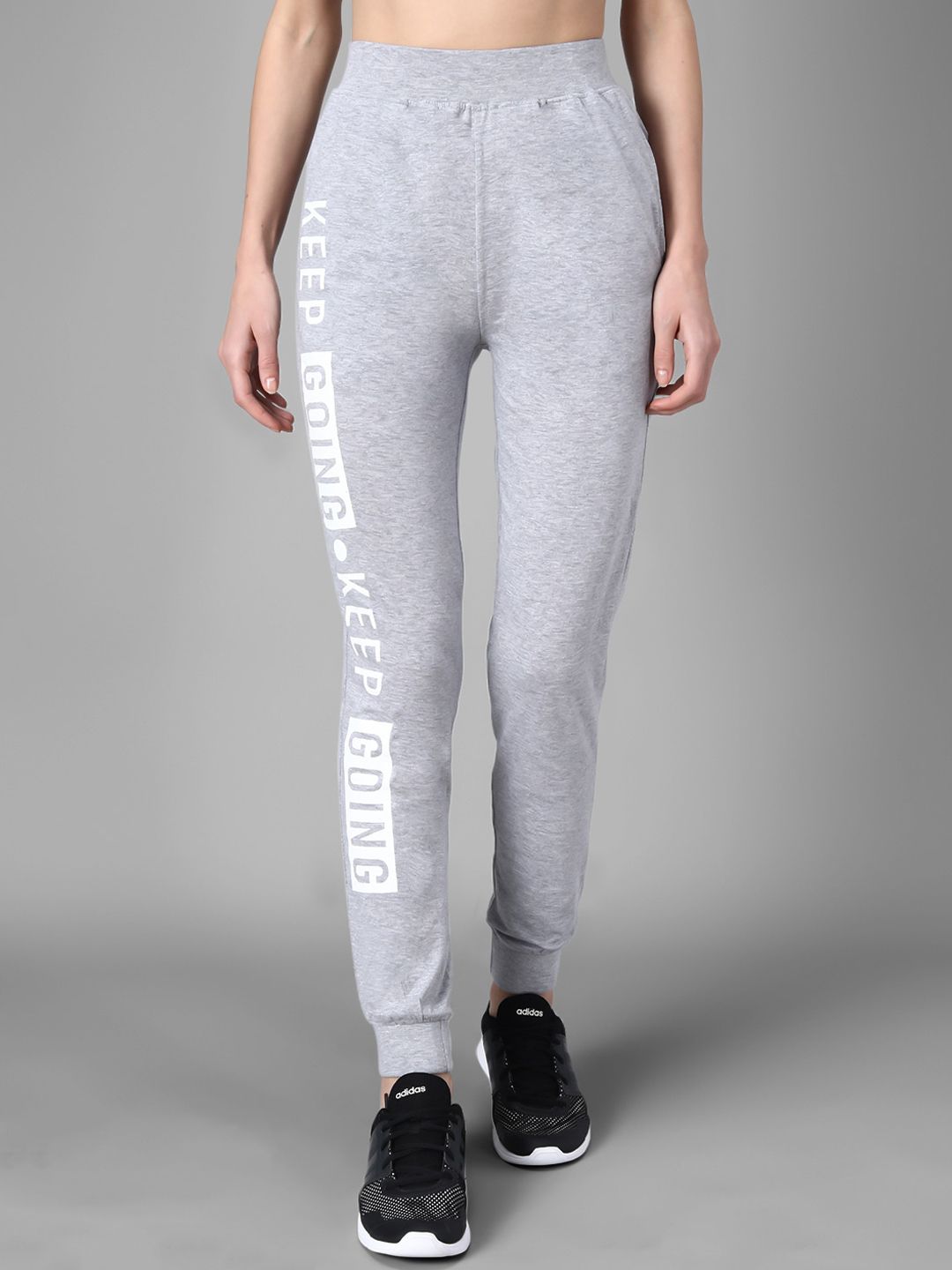 Kotty Women Grey Melange & White Printed Joggers