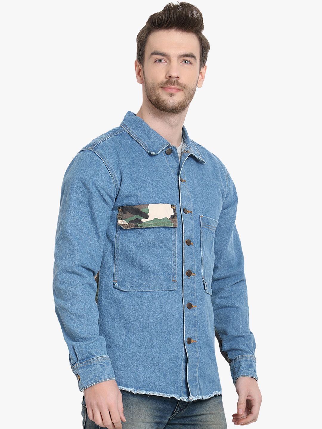 Kotty Men Blue Camouflage Denim Jacket