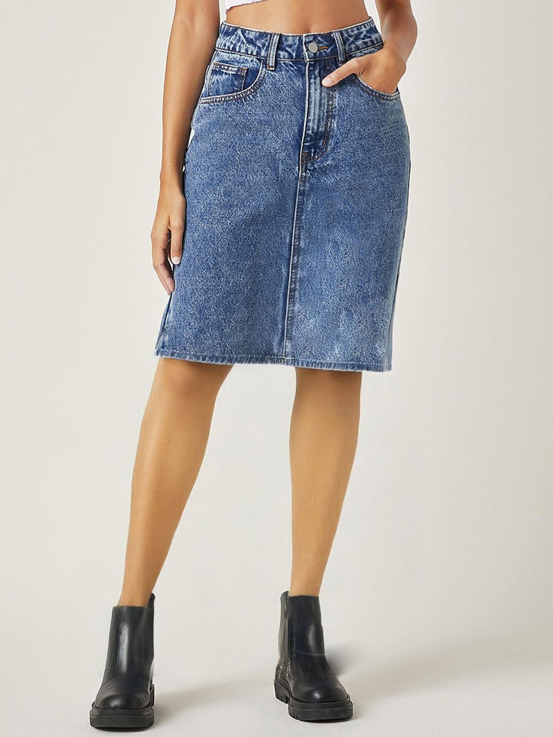 Kotty Knee Length Straight Denim Skirt