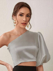 Kotty Women Solid One Shoulder Satin Crop Top