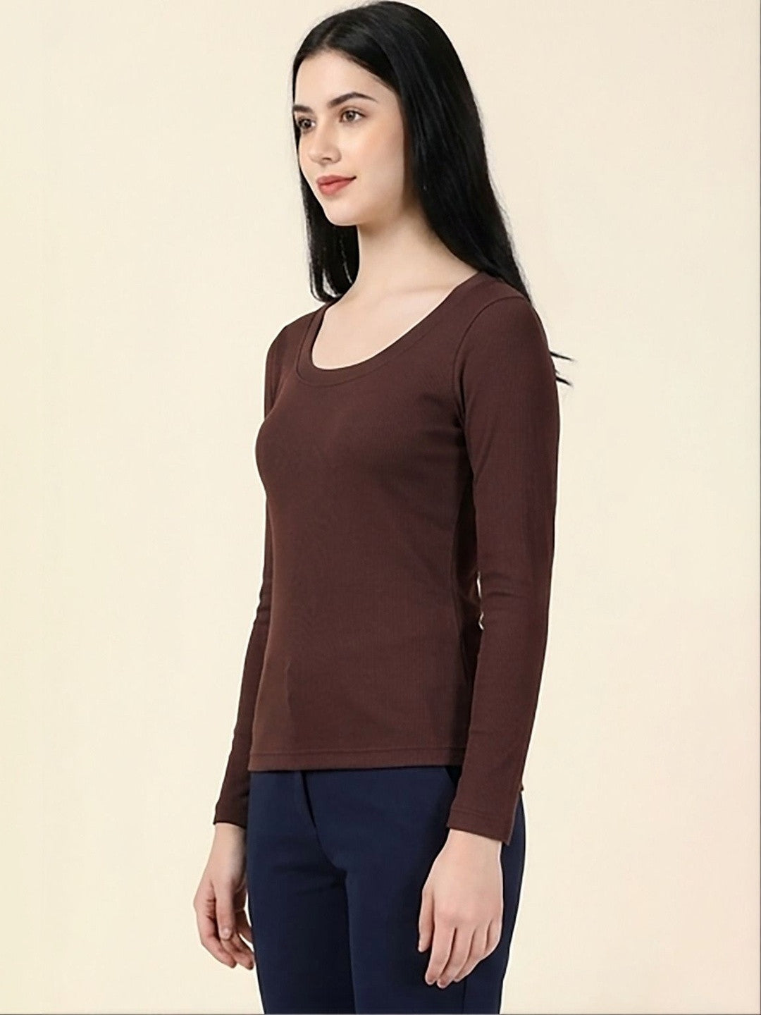 Kotty Top Caramel Brown Women's Scoop Long-Sleeve Fashion