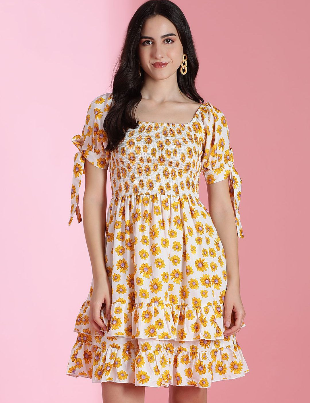 Kotty Floral Printed Puff Sleeve Fit & Flare Dress