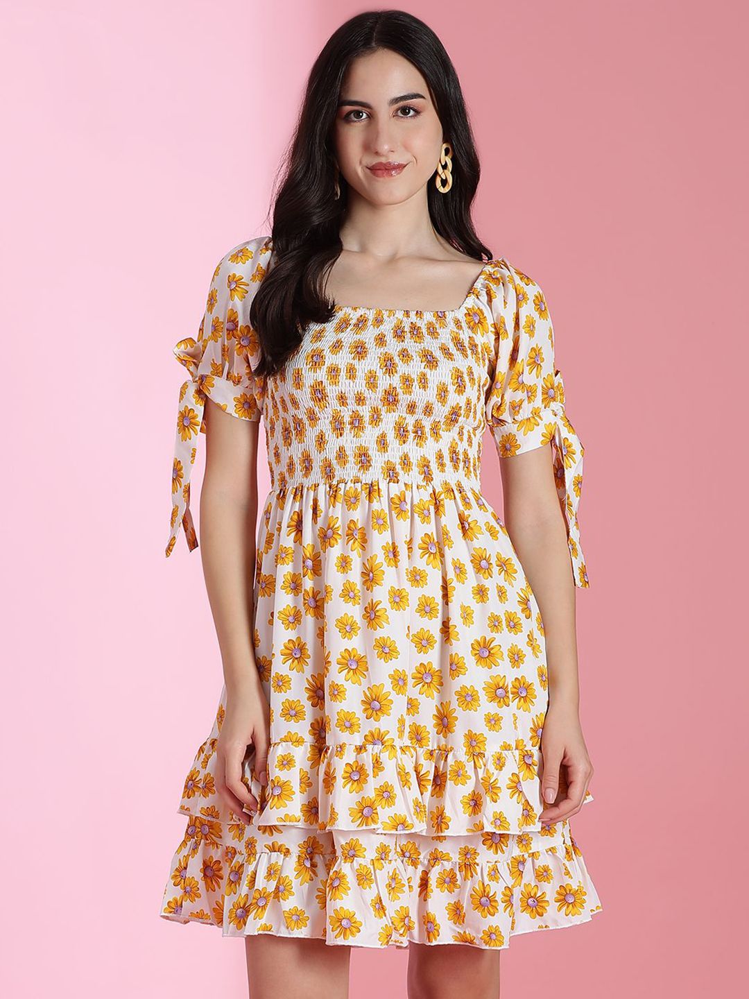 Kotty Floral Printed Puff Sleeve Fit & Flare Dress