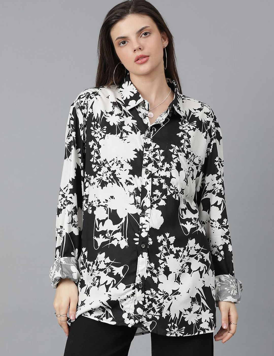 Kotty Women Spread Collar Floral Printed Cotton Oversized Casual Shirt