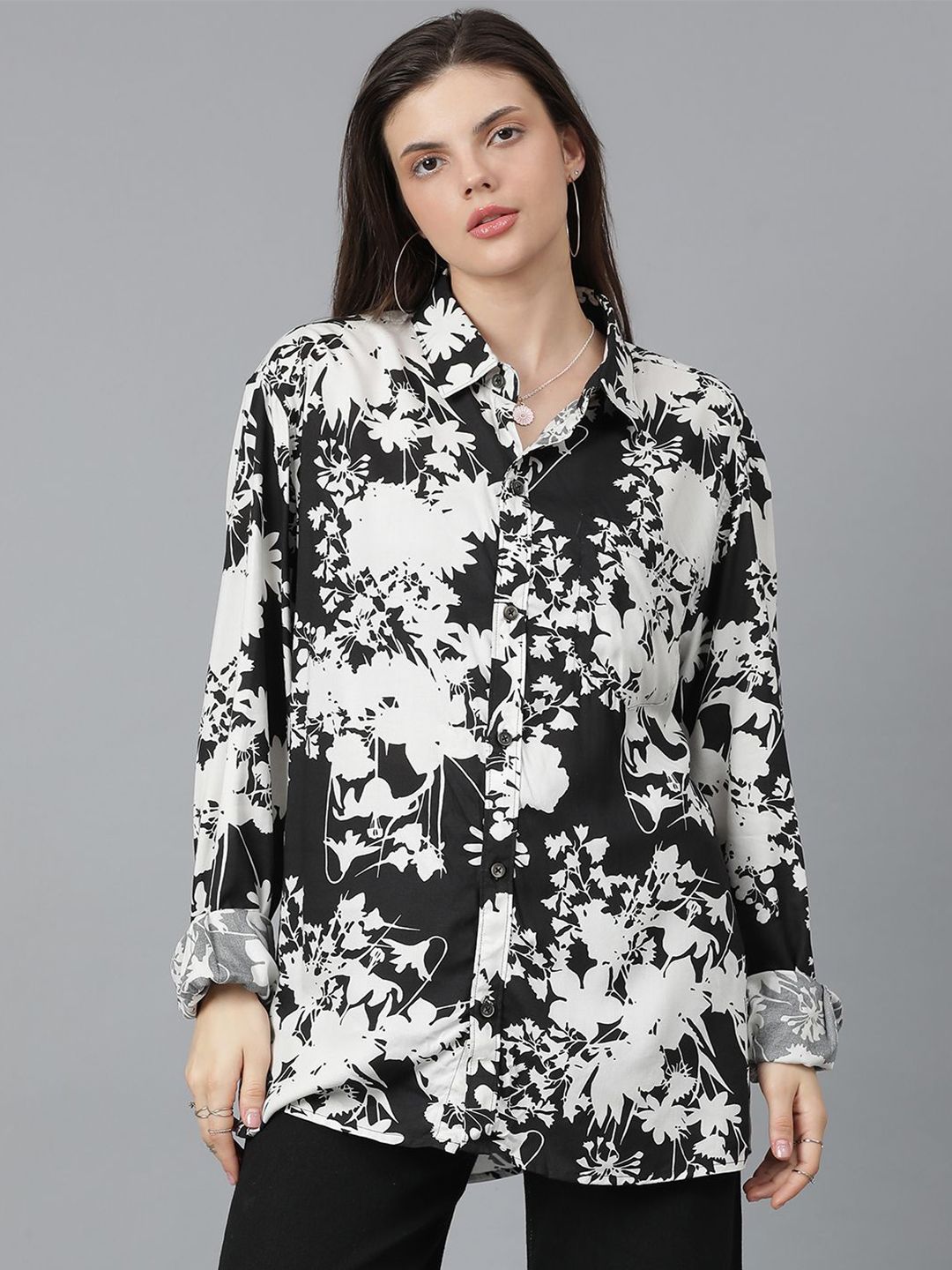 Kotty Women Spread Collar Floral Printed Cotton Oversized Casual Shirt