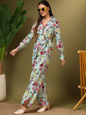 Kotty Green and Pink Printed Notched Lapel Collar Blazer With Trousers