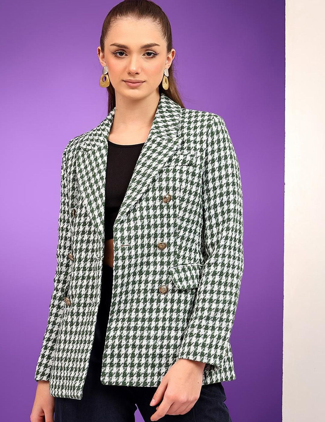 Kotty Notched Lapel Collar Checked Single Breasted Blazer