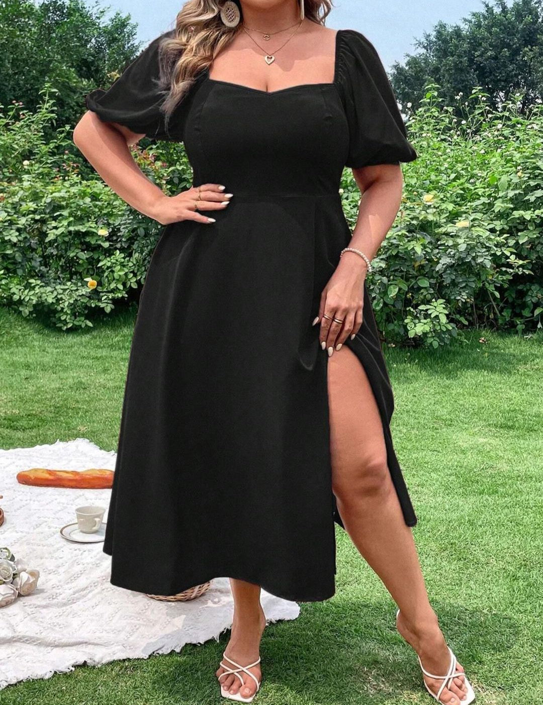 CURVE BY KOTTY Plus Size Puff Sleeve Fit & Flare Midi Dress With Slits