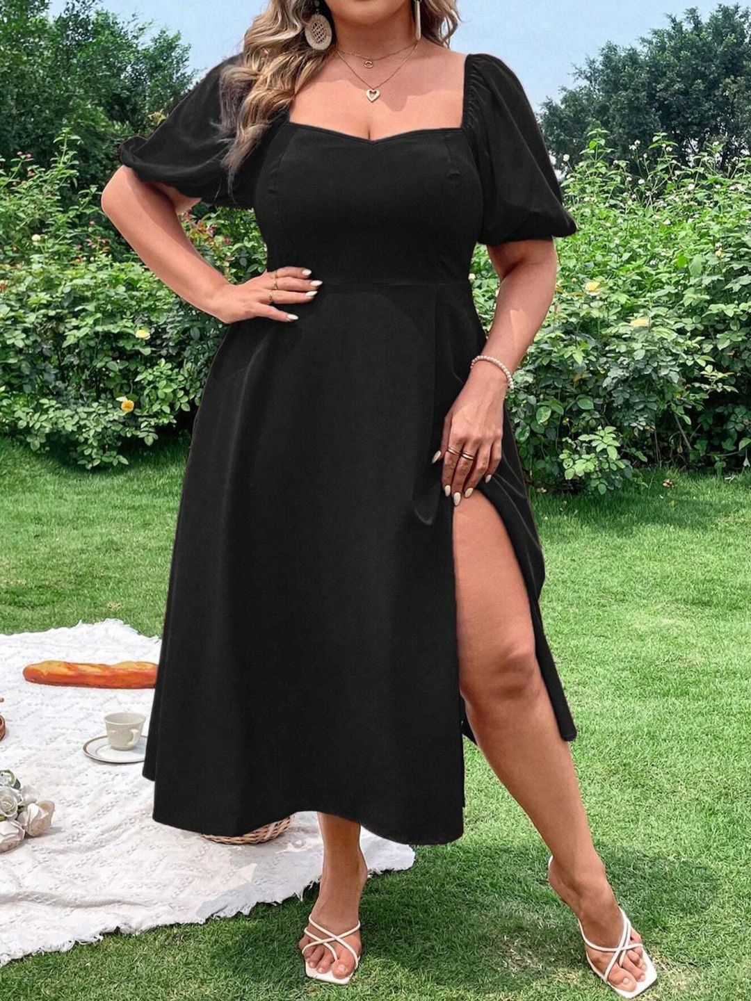 CURVE BY KOTTY Plus Size Puff Sleeve Fit & Flare Midi Dress With Slits