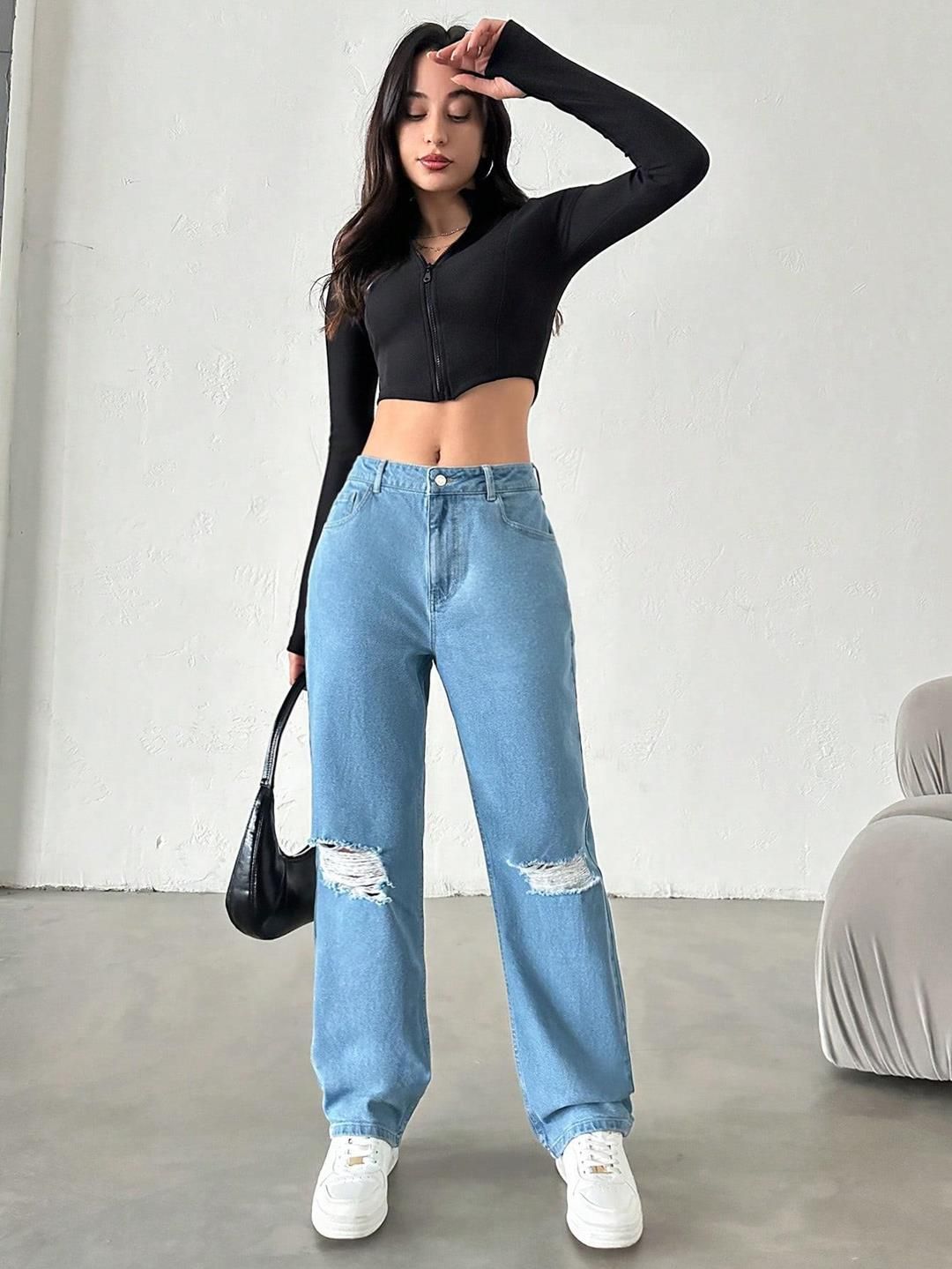 Kotty Women Straight Fit High-Rise Highly Distressed Stretchable Jeans