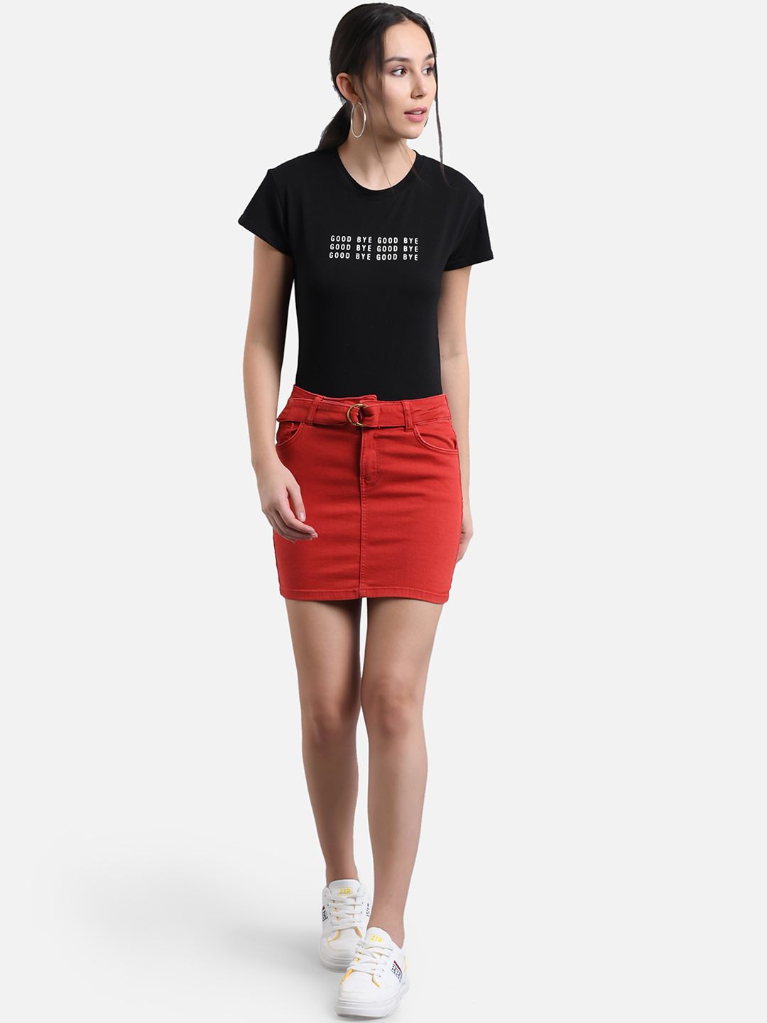 Kotty Women Red Solid Straight Denim Mini Skirt