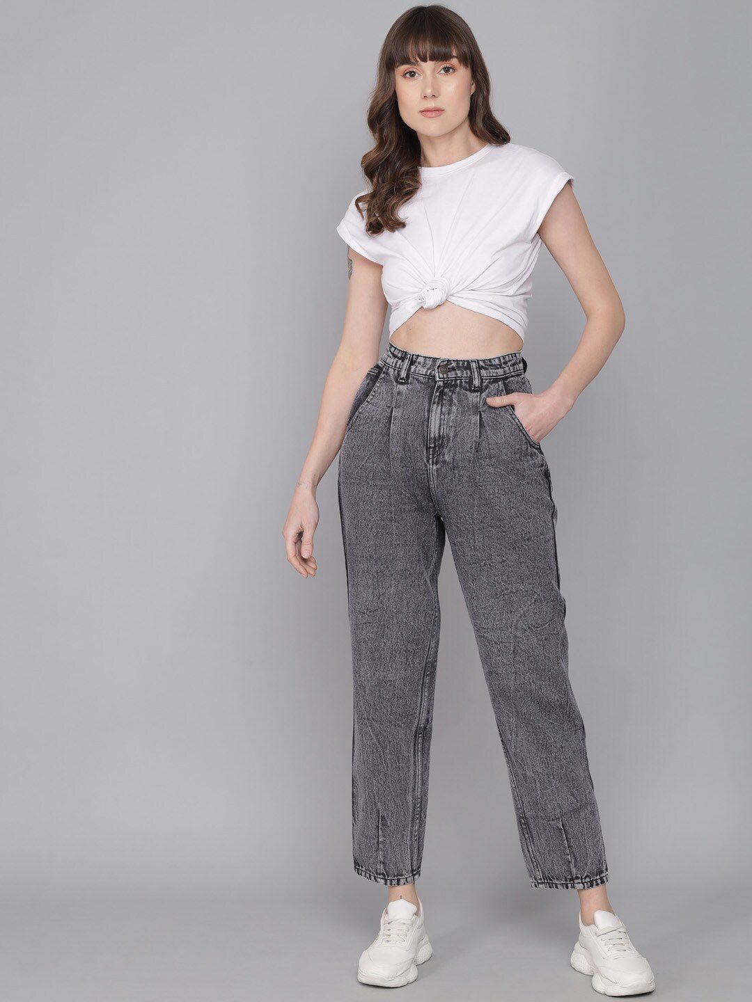 Kotty Women Grey Jean Mom-Fit High-Rise Heavy Fade Pure Cotton Jeans