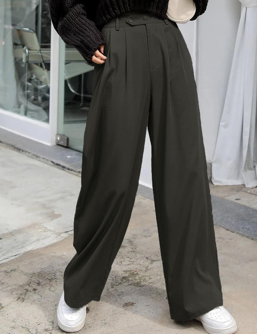 KOTTY BIZwear Women Grey High-Rise Easy Wash Pleated Parallel Trousers