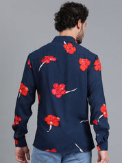 Kotty Navy Blue & Red Floral Printed Spread Collar Relaxed Fit Casual Shirt