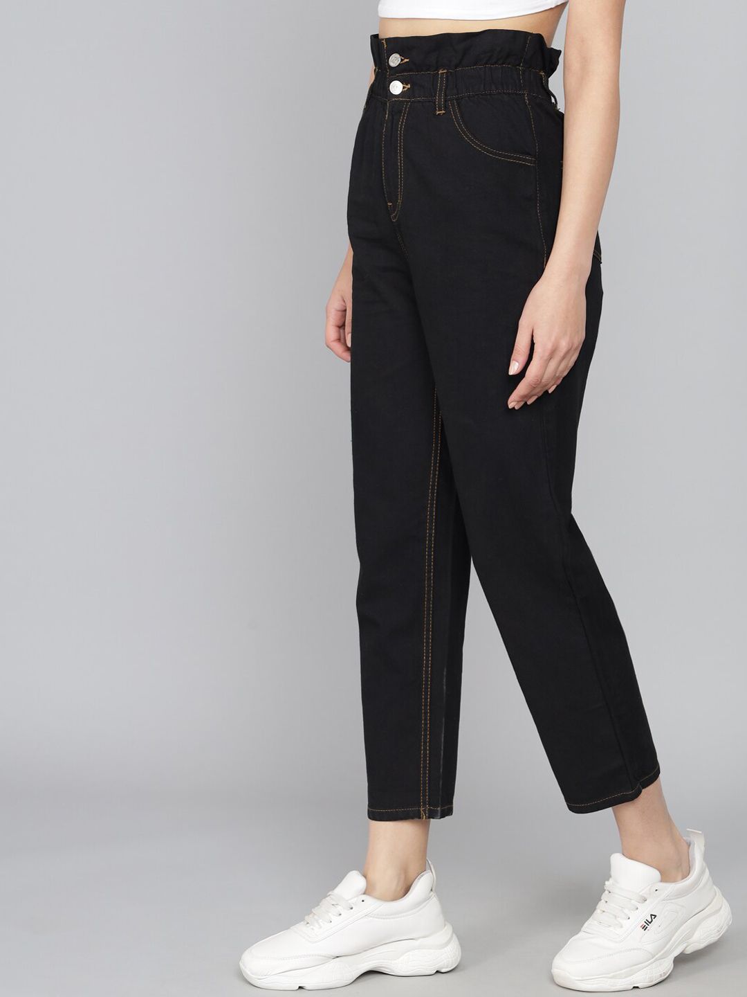 Kotty Women Black Boyfriend Fit High-Rise Pure Cotton Jeans