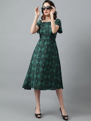Kotty Green Ethnic Motifs Printed Square Neck Puffed Sleeves Fit & Flare Midi Dress