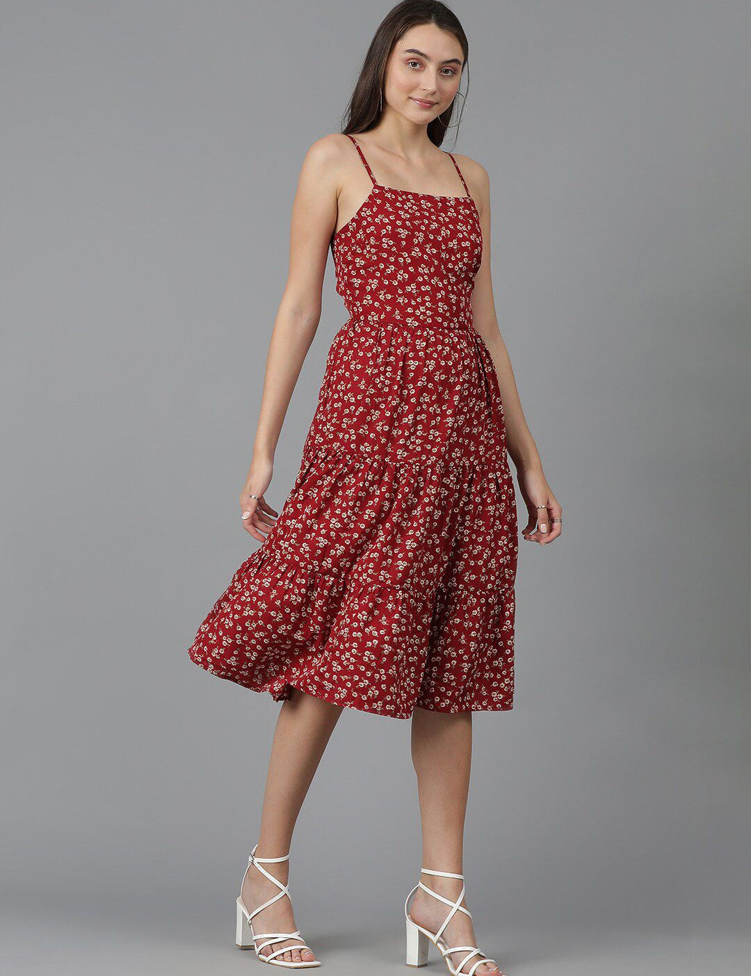 Kotty Floral Printed Shoulder Straps Sleeveless Layered Fit & Flare Dress