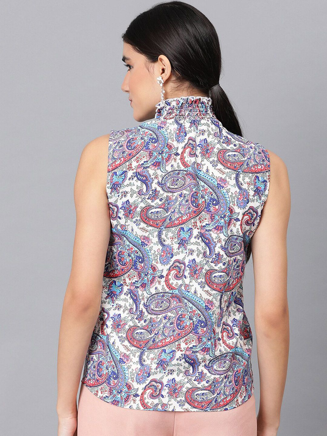 Kotty White Floral Printed High Neck Crepe Top