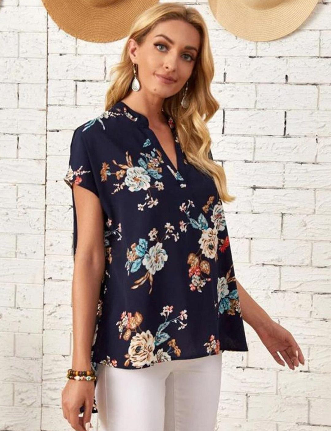 Kotty Navy Blue Floral Print Mandarin Collar Crepe Top