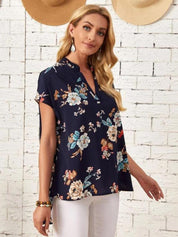 Kotty Navy Blue Floral Print Mandarin Collar Crepe Top