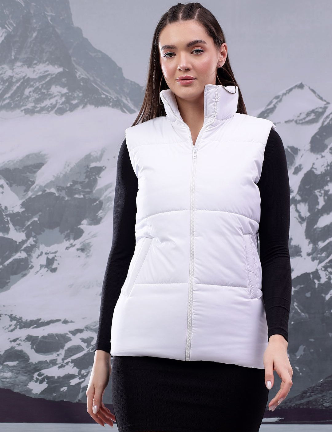 Kotty Women Mock Collar Solid Casual Puffer Insulator Jacket