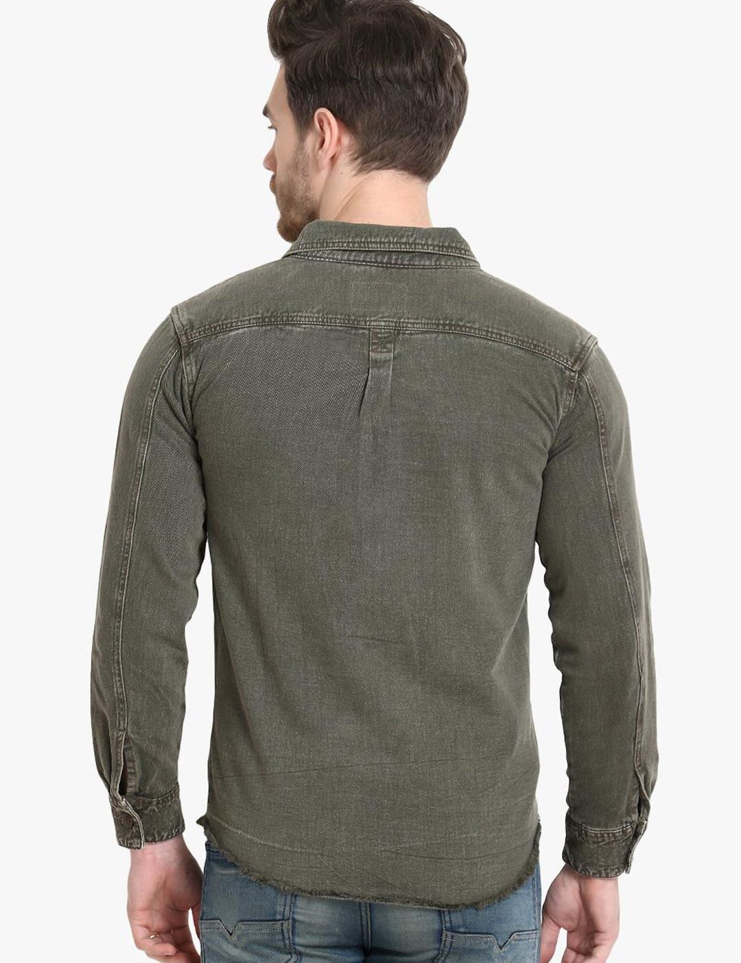 Kotty Men Olive Green Solid Denim Jacket