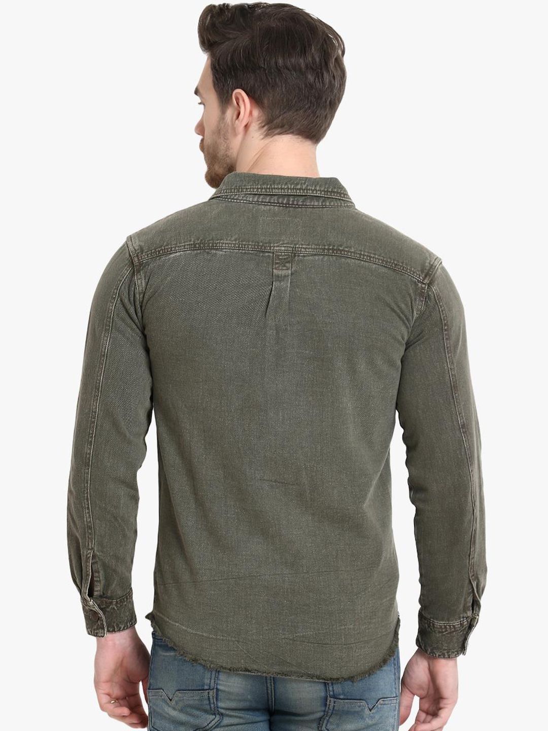 Kotty Men Olive Green Solid Denim Jacket