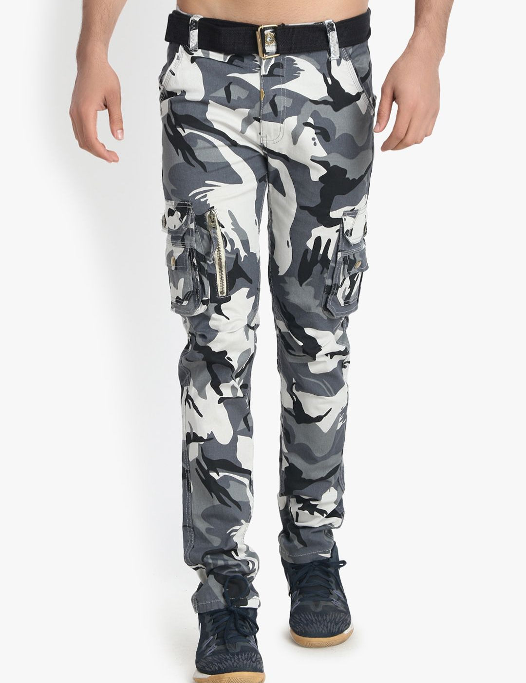 Kotty Men Off-White & Grey Regular Fit Printed Cargos