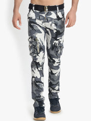Kotty Men Off-White & Grey Regular Fit Printed Cargos