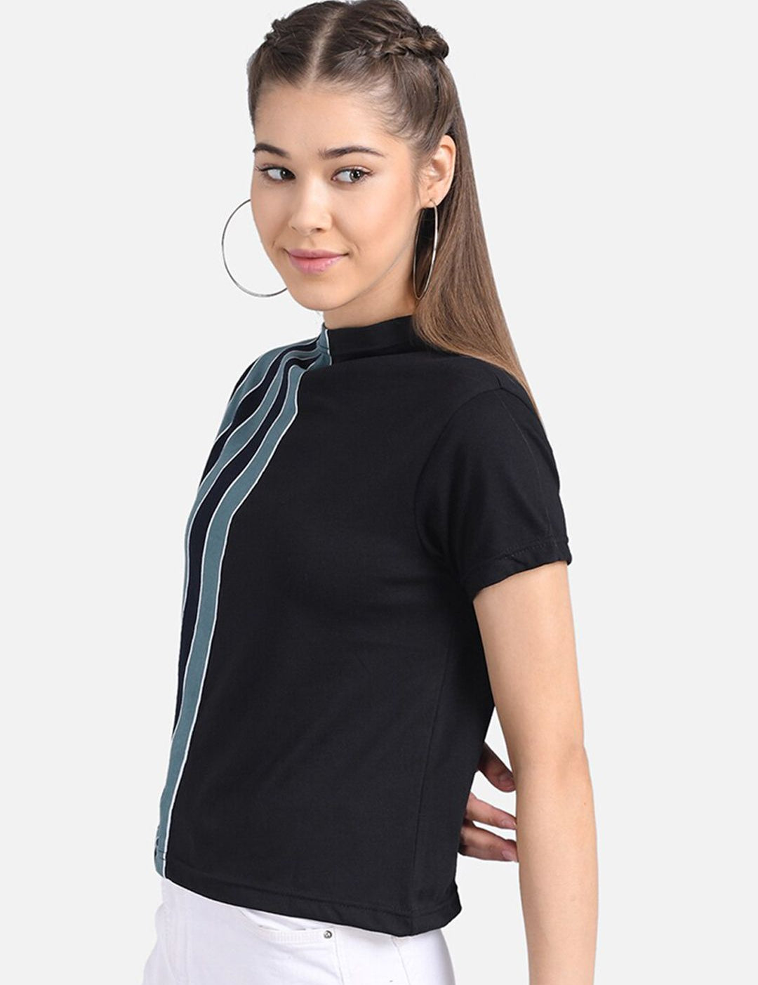 Kotty Women Black & Blue Striped Pure Cotton Top